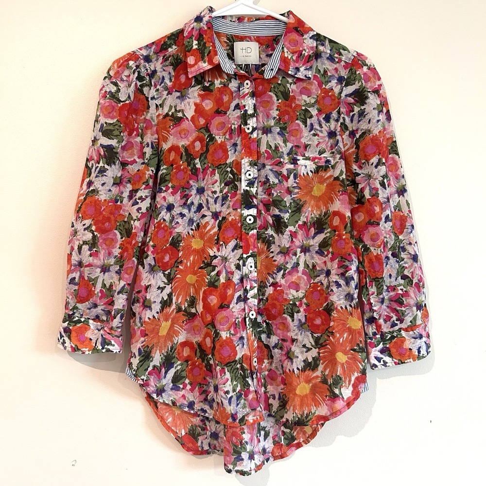 Anthropologie HD In Paris Colorful Floral Blouse Sz 2 Small Button Up Flip Cuff